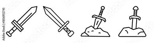 Simple black outline fantasy swords and legend sword in stone.