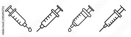Medical syringe icons with drops and without, line art vector