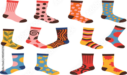 Colorful Patterned Socks Collection with Dots, Stripes, Florals, and Abstract Designs Flat Vector Illustration