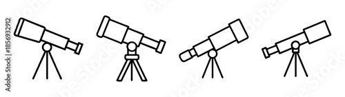Four simple line icon telescopes on tripods for astronomical research