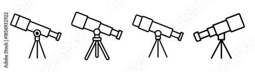 Astronomical telescope line art icons on tripods, science tools