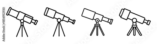 Telescope line icons set. astronomy, exploration, science equipment.