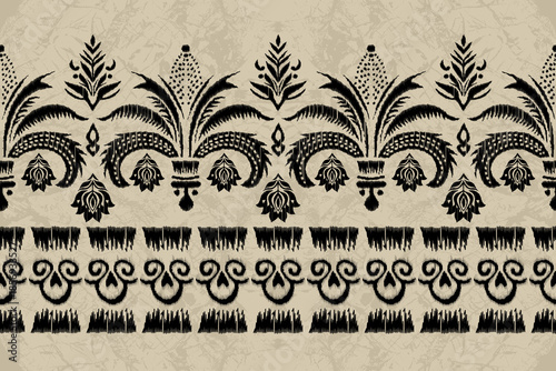 Ikat floral paisley embroidery seamless pattern. Ikat ethnic flower oriental pattern traditional. Motifs African boho. Ethnic ikat floral Border Indian floral Aztec embroidery border
