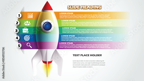 5 Step Business Rocket Infographic Template for Startup Launch. Project Growth Roadmap with Strategy, Teamwork, and Research Icons. Professional Vector Illustration for Presentation