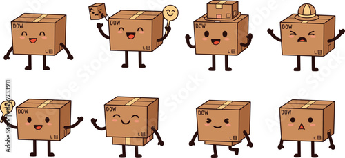 Cute Cardboard Box Character Set with Funny Emotions and Poses, Cartoon Package Mascot Vector Illustration