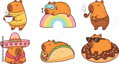 Cute Capybara Cartoon Characters in Funny Poses with Food, Coffee, Rainbow and Donut Vector Set
