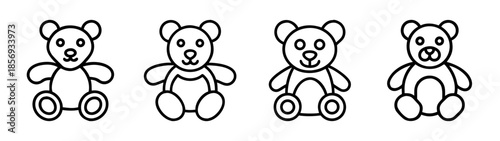 Four line art teddy bear icons set for children's designs and toys