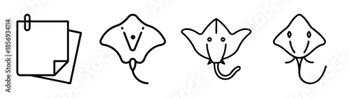 Outline vector icon set: sticky note with clip and stingrays