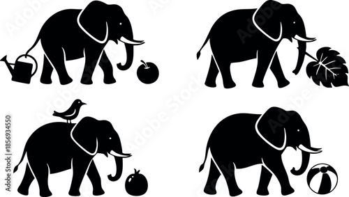 Elephant silhouette with watering can leaf bird and ball vector illustration set 