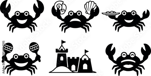 Crab illustrations with playful expressions and castle silhouette vector set 