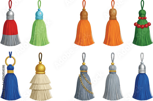 Decorative Tassel Collection in Various Colors and Styles for Curtains, Accessories and Home Decor Vector Set