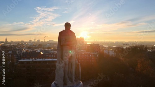 Aerial drone video (rotating) of the famous Bismarck Memorial at sunrise in Hamburg