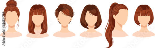 Female Hairstyle Collection Set with Different Brown Haircuts, Faceless Women Portraits Flat Vector Illustration