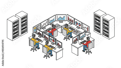 Isometric illustration of a data center with monitoring staff and server racks