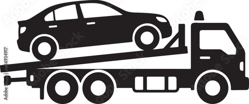 Black silhouette of a tow truck carrying a car simple flat vector icon for roadside assistance and transport services
