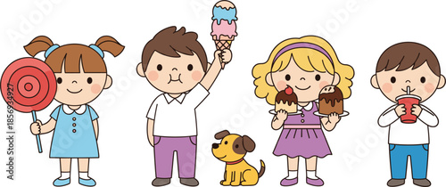 Happy Kids Eating Ice Cream and Candy with Cute Dog, Summer Treats Cartoon Vector Illustration