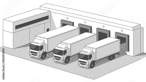 Isometric illustration of a warehouse facility with delivery trucks parked outside