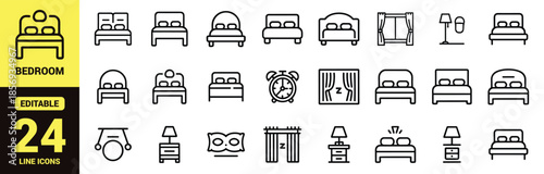 Set of Minimalist Bedroom Line Icons Featuring Various Bed Designs, Nightstands with Lamps, Alarm Clocks, Curtains, and Home Decor Symbols