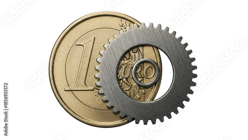 One Euro coin with metal gear isolated PNG, currency and industrial concept on transparent background, financial mechanism and engineering