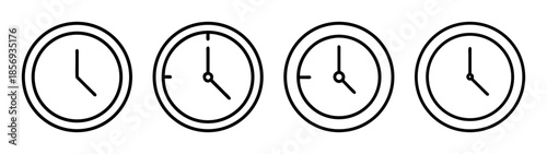Clock icon set showing different times, minimal outline vector