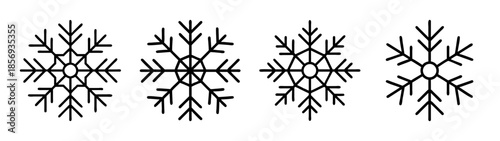 Simple black outline snowflake icons set representing winter frost