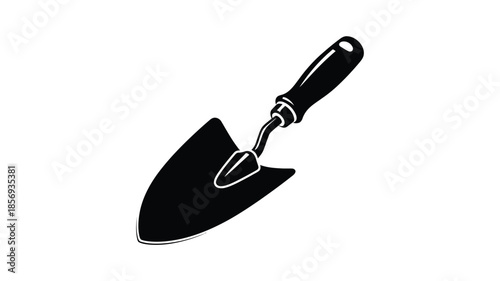 A black and white illustration depicting a single gardening trowel on a white background