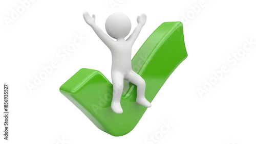3D stick figure sitting on a green check mark isolated PNG, concept of success and approval on transparent background