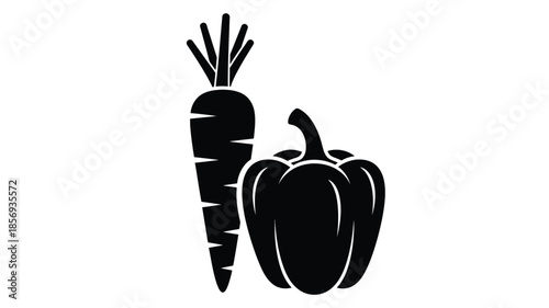 A simple black and white illustration depicting a carrot and a bell pepper together