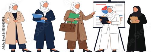 Professional Muslim Women Business Team Meeting, Presentation Discussion, Corporate Office Collaboration, Flat Vector Illustration