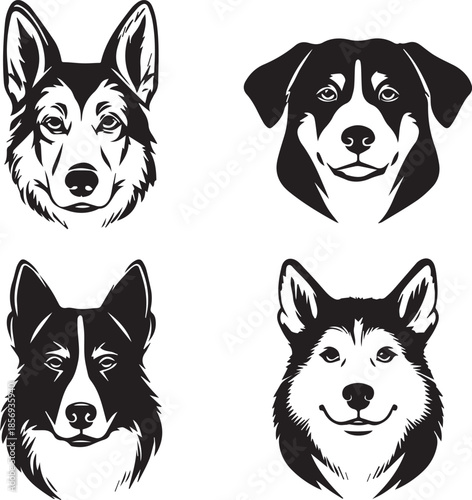 Five Dog Face Silhouette Vector Set