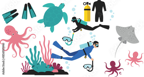 Scuba Diving Underwater Exploration Set with Divers, Sea Animals and Equipment Flat Vector Illustration