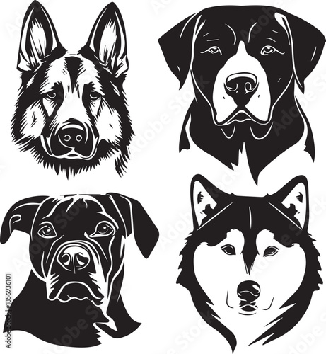 Five Dog Face Silhouette Vector Set