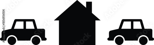 Collection of black house roof icons and building silhouettes featuring various architectural styles, modern residential designs, and property logo symbols