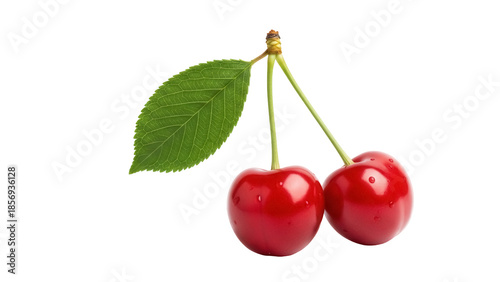 Foto Two ripe red cherries with a green leaf isolated PNG, fresh summer fruit on tran
