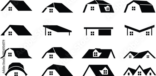 Set of minimalist house roof icons and residential building silhouettes featuring various architectural styles, modern home designs, and property logo symbols