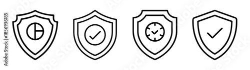 Line art shield icons for protection, verification, data, and time.