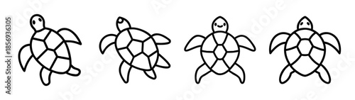 Line art of four cute sea turtles swimming in a minimalist style.