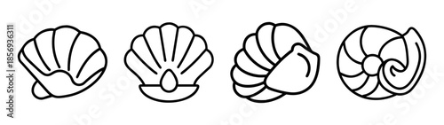 Outline vector set of diverse marine seashells and pearl icons