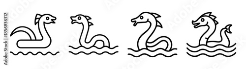 Loch ness monster icon set, mythical lake creature outline art