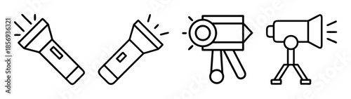 Line art icons: flashlights, video lights, and stage spotlights