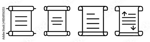 Scroll document icons with text lines. flat vector outline design set.