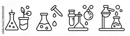Science laboratory experiments, equipment, research outline icons