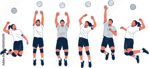 Volleyball Players Jumping and Spiking Ball Set, Dynamic Team Sport Action Poses Vector Illustration