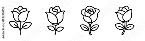 Simple line art rose flower icons set showing various bud stages