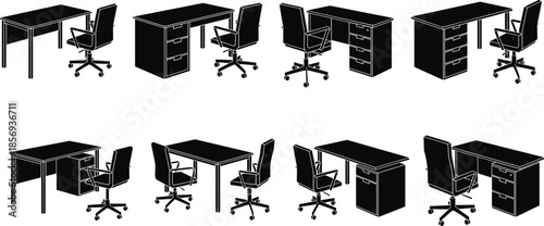 Black and white vector silhouette icons of modern office desks with drawers and adjustable ergonomic swivel chairs in various isometric angles.