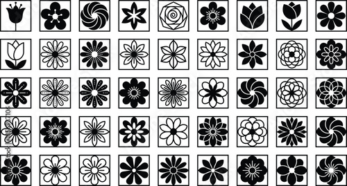 Black floral icon grid set with geometric flowers petals rosettes for logo pattern decorative design vector illustration collection