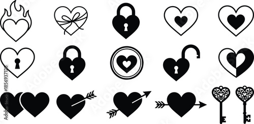 Black heart icons collection with locks arrows flames keys romantic love symbols for Valentine tattoo logo silhouette vector set design