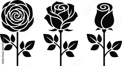 Black rose silhouette set with elegant floral shapes romantic botanical symbols minimal monochrome vector illustration collection design elements art bundle