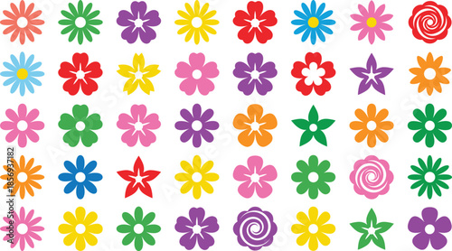 Colorful flower icon set with playful floral shapes bright spring colors flat vector design for kids branding decoration and posters