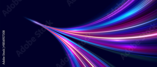 Futuristic neon speed light trail abstract technology background glowing motion energy flow digital beam sci fi dynamic movement wallpaper. Pattern for banner. Vector EPS10.